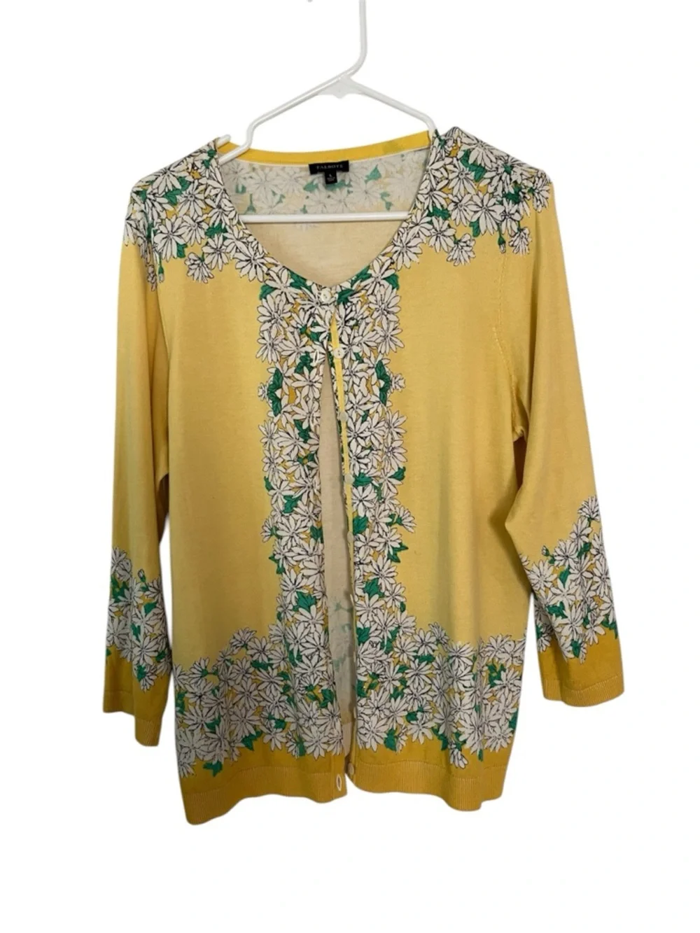 Talbots SzL Yellow Cotton Blend Cardigan with White Daisy Trim and Green Accents - Picture 1 of 6